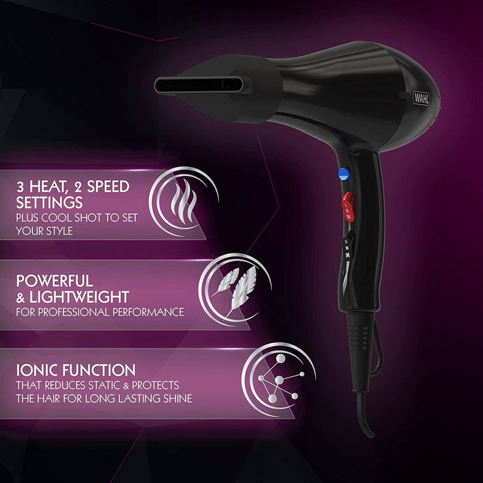 Wahl Ionic Style Hairdryer Women Professional Tourmaline Blower 2000W Black