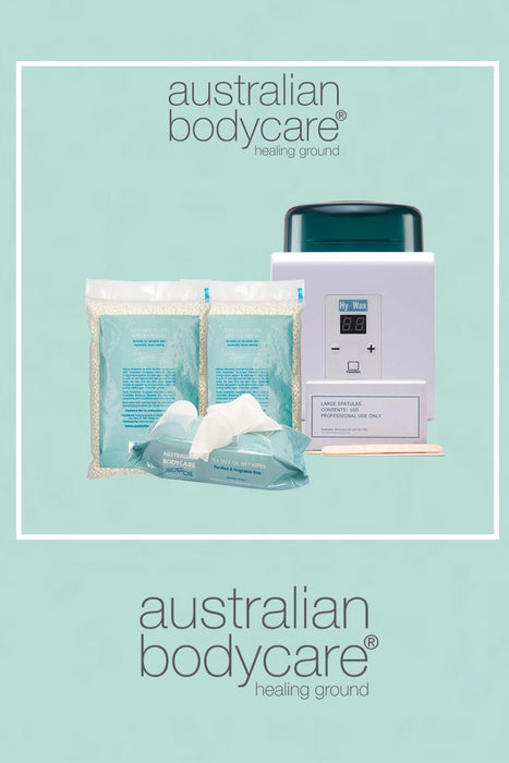 Australian Bodycare Waxing Kit Hot Pellets Wax Heater Wipes Spatulas Skin Soother